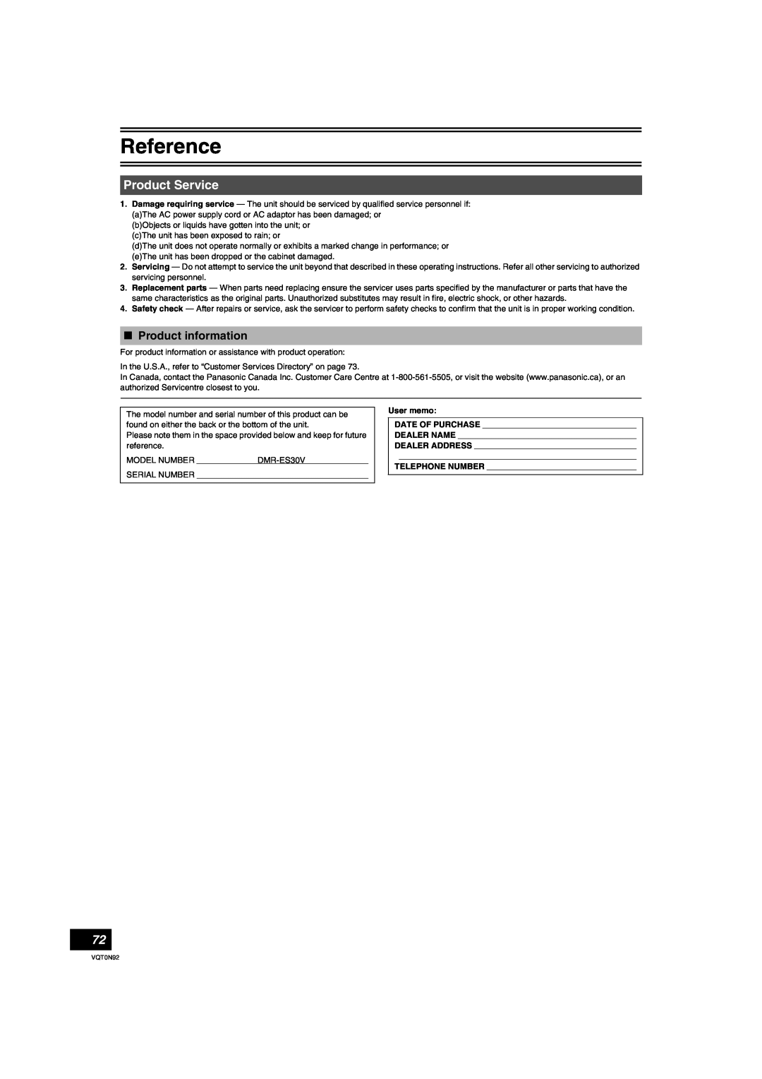 Panasonic DMR-ES30V warranty Product Service, ∫ Product information, Reference 