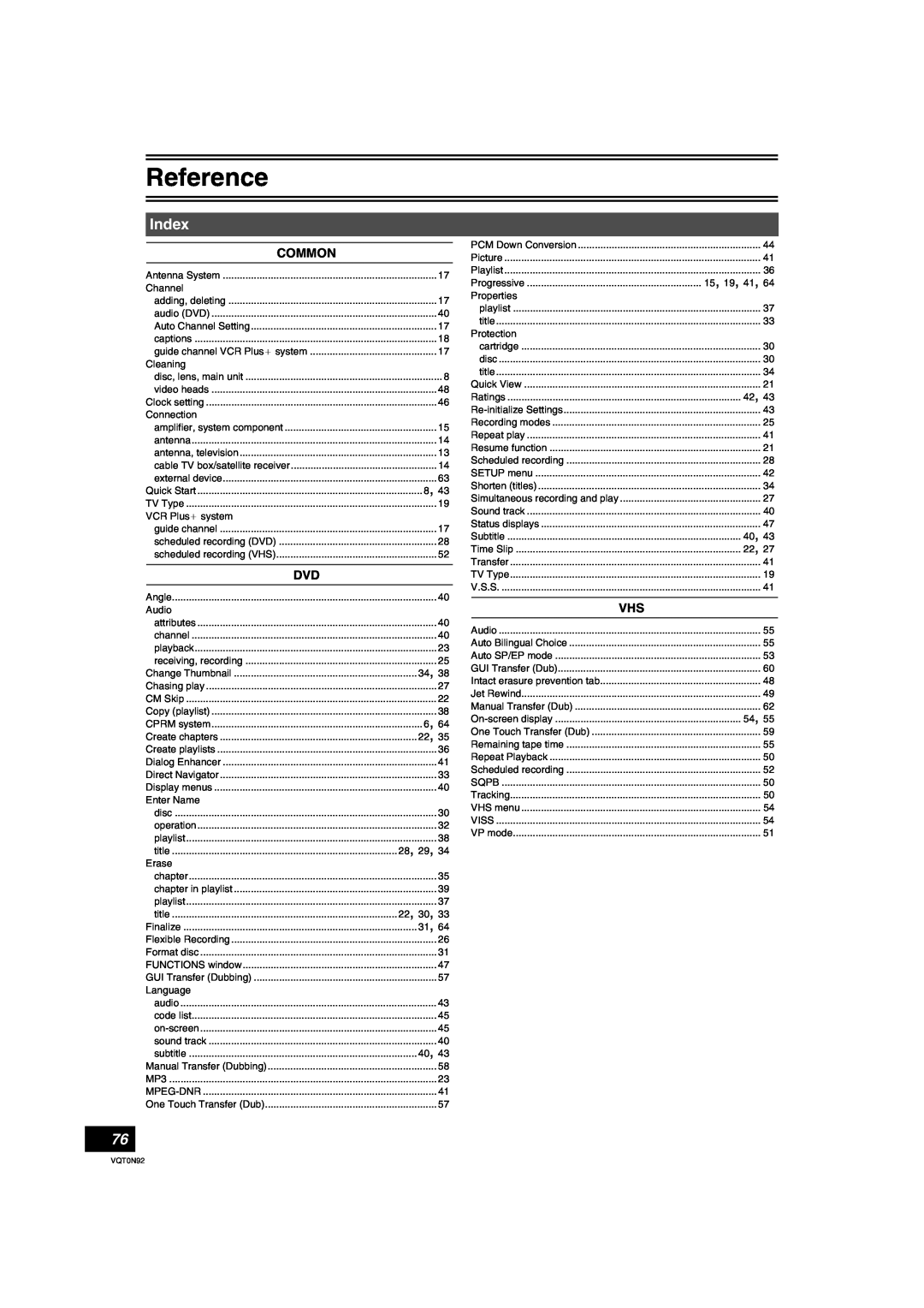 Panasonic DMR-ES30V warranty Index, Common, Reference, Simultaneous recording and play 