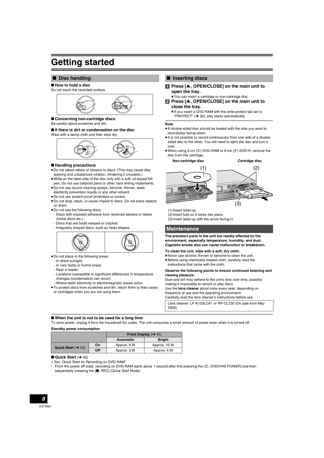 Panasonic DMR-ES30V Maintenance, ∫ Disc handling, ∫ Inserting discs, Press , OPEN/CLOSE on the main unit to open the tray 