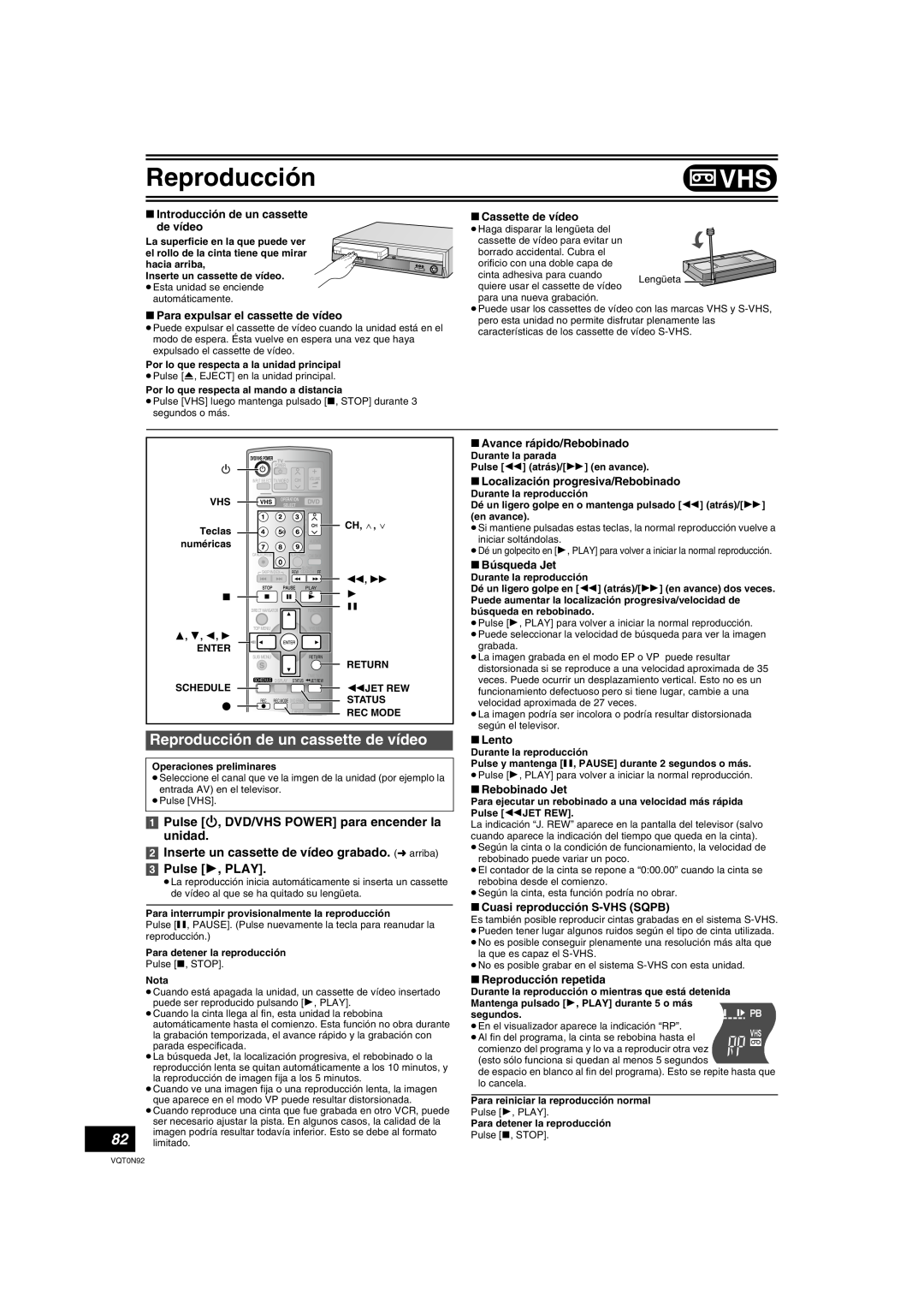 Panasonic DMR-ES30V Reproducción de un cassette de vídeo, Inserte un cassette de vídeo grabado. l arriba 3 Pulse 1, PLAY 