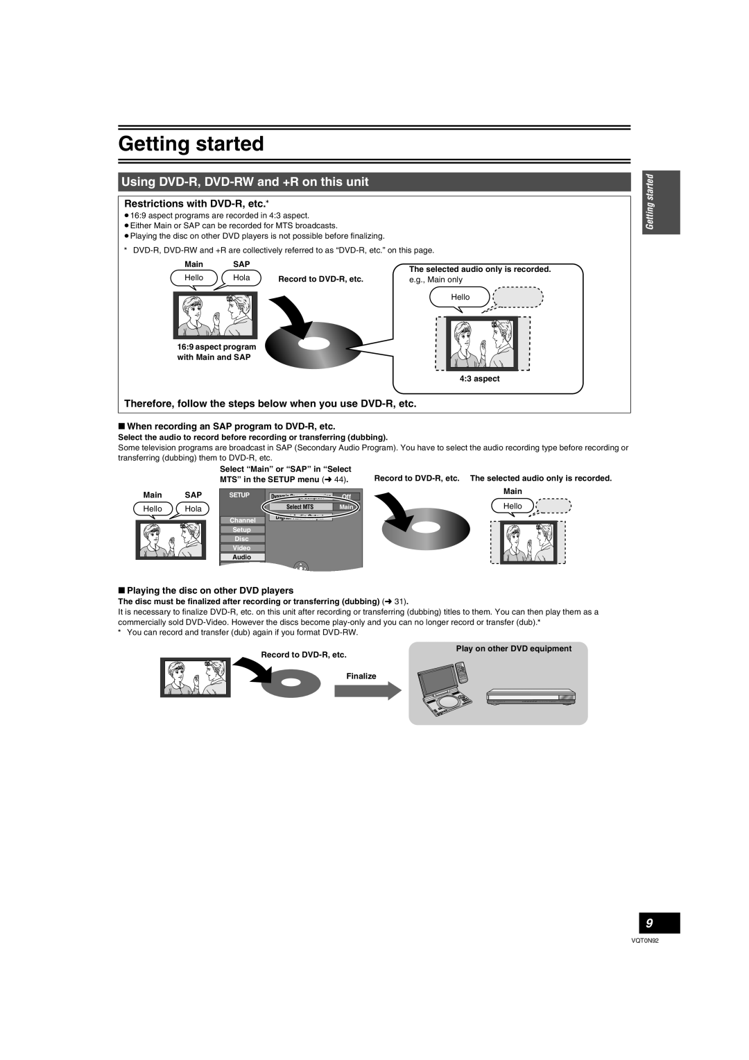 Panasonic DMR-ES30V warranty Using DVD-R, DVD-RW and +R on this unit, Restrictions with DVD-R, etc, Getting started 