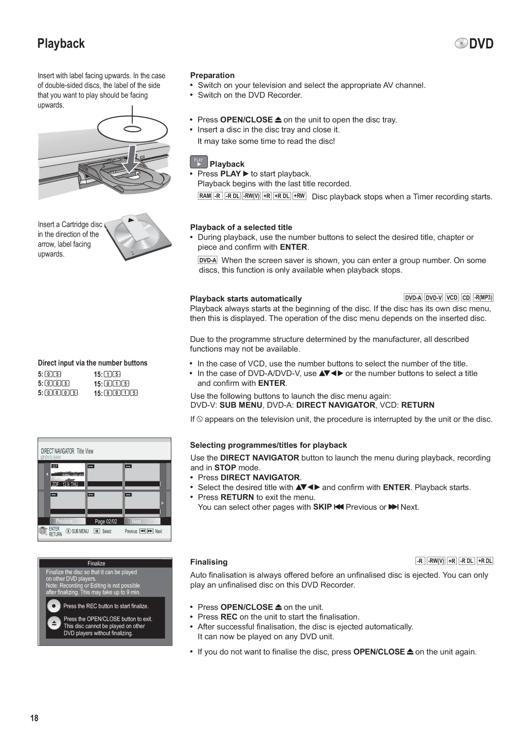 Panasonic DMR-ES35V manual Playback, DVD-VSUB MENU, DVD-ADIRECT NAVIGATOR, VCD Return 