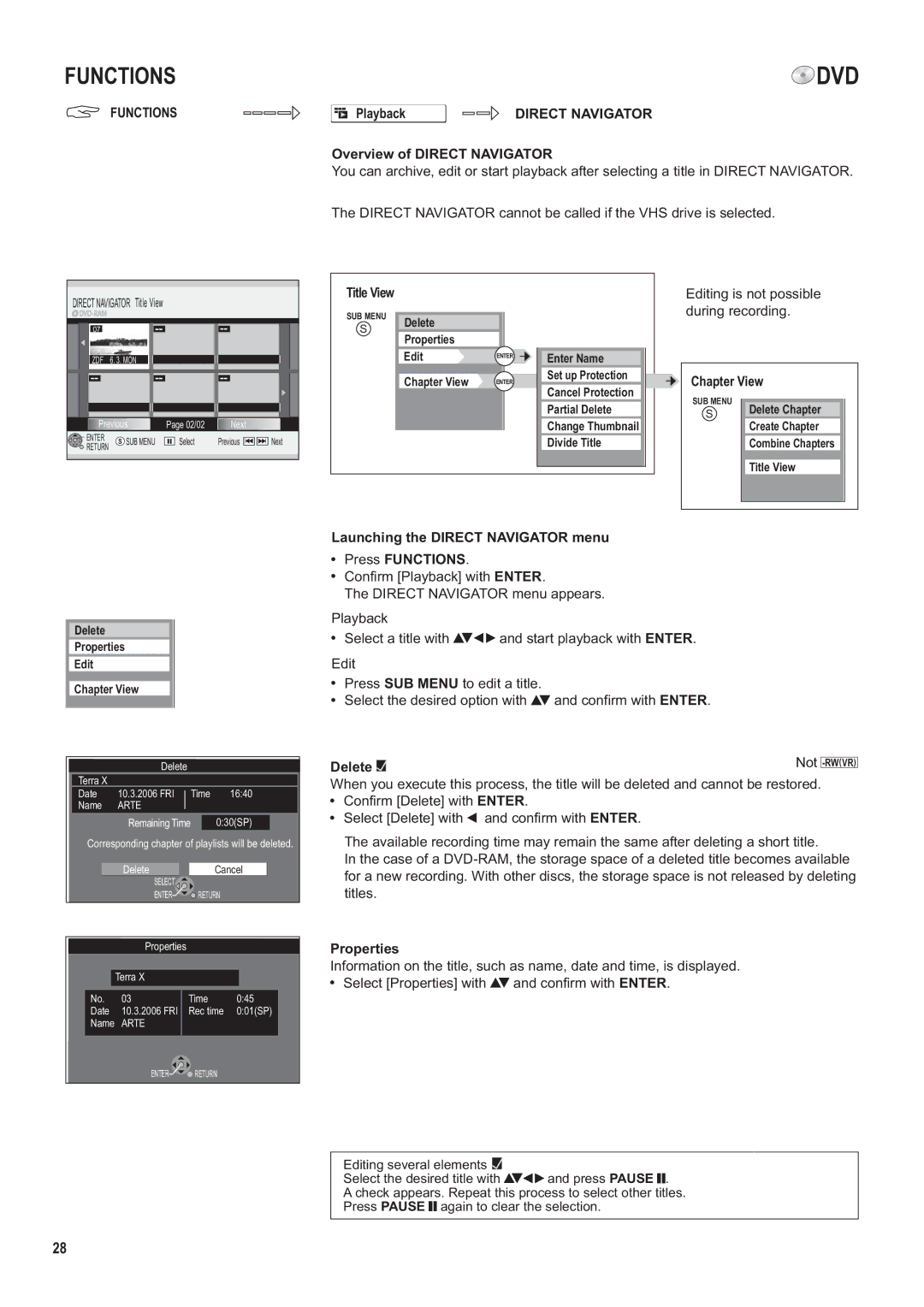 Panasonic DMR-ES35V manual Playback, Overview of Direct Navigator, Title View, Chapter View, Delete Not, Properties 