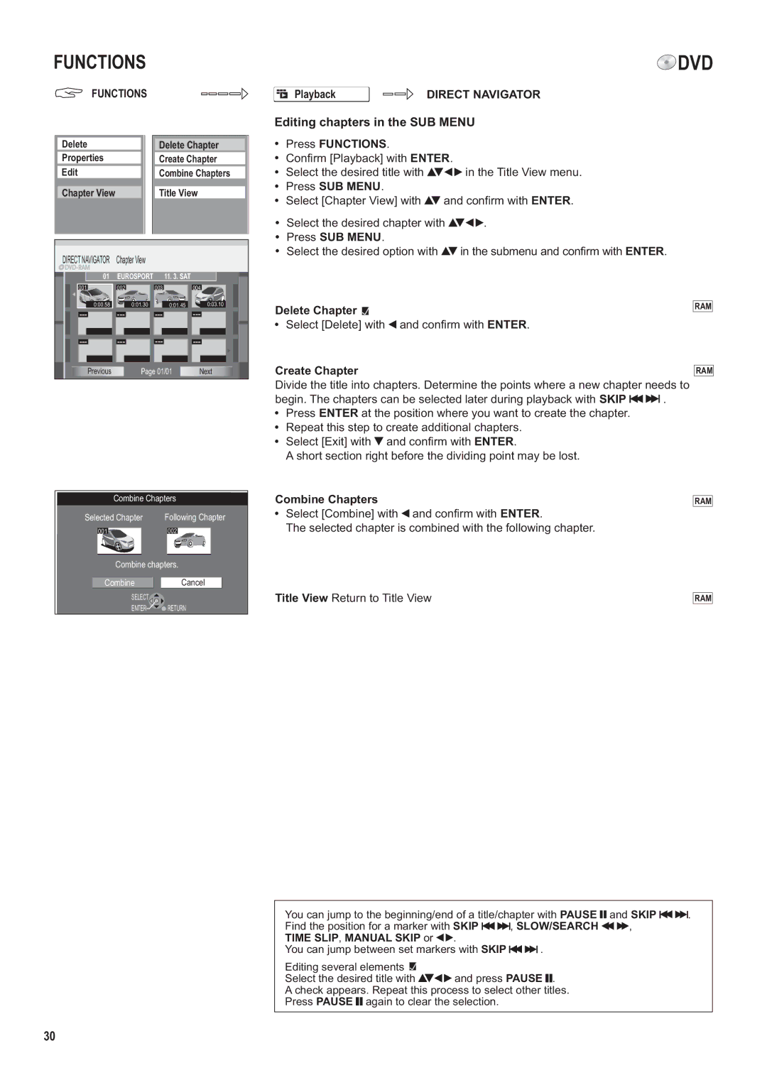 Panasonic DMR-ES35V manual Editing chapters in the SUB Menu 