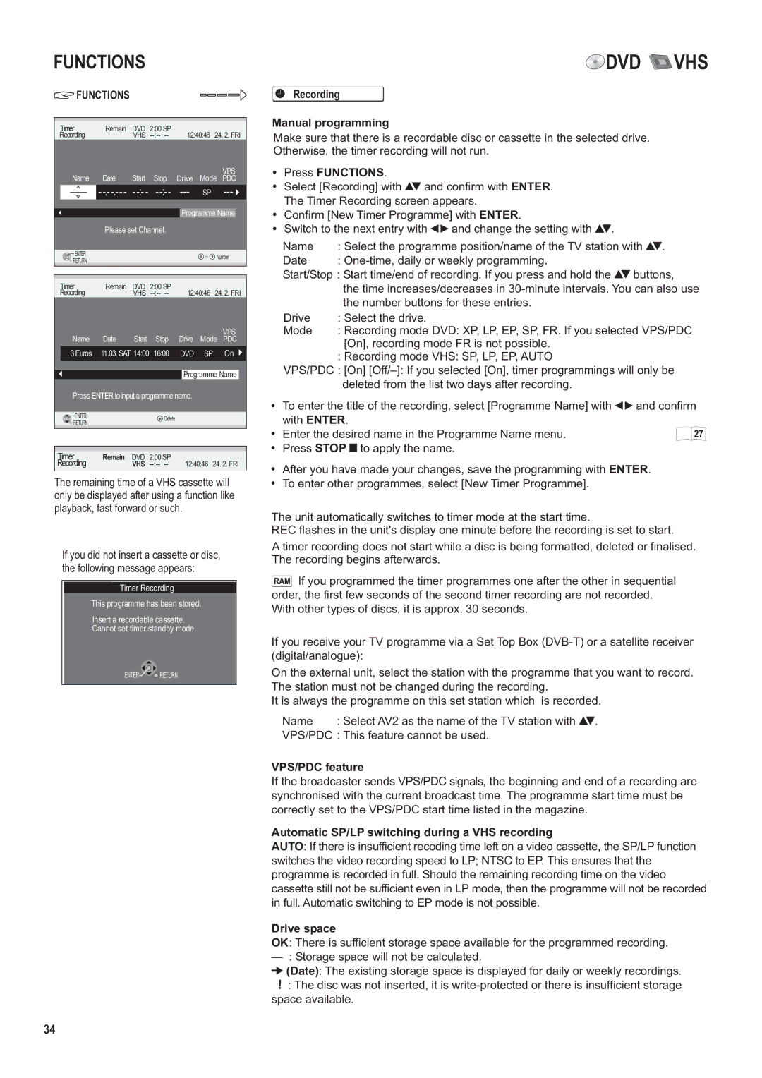 Panasonic DMR-ES35V Recording Manual programming, VPS/PDC feature, Automatic SP/LP switching during a VHS recording, 9927 