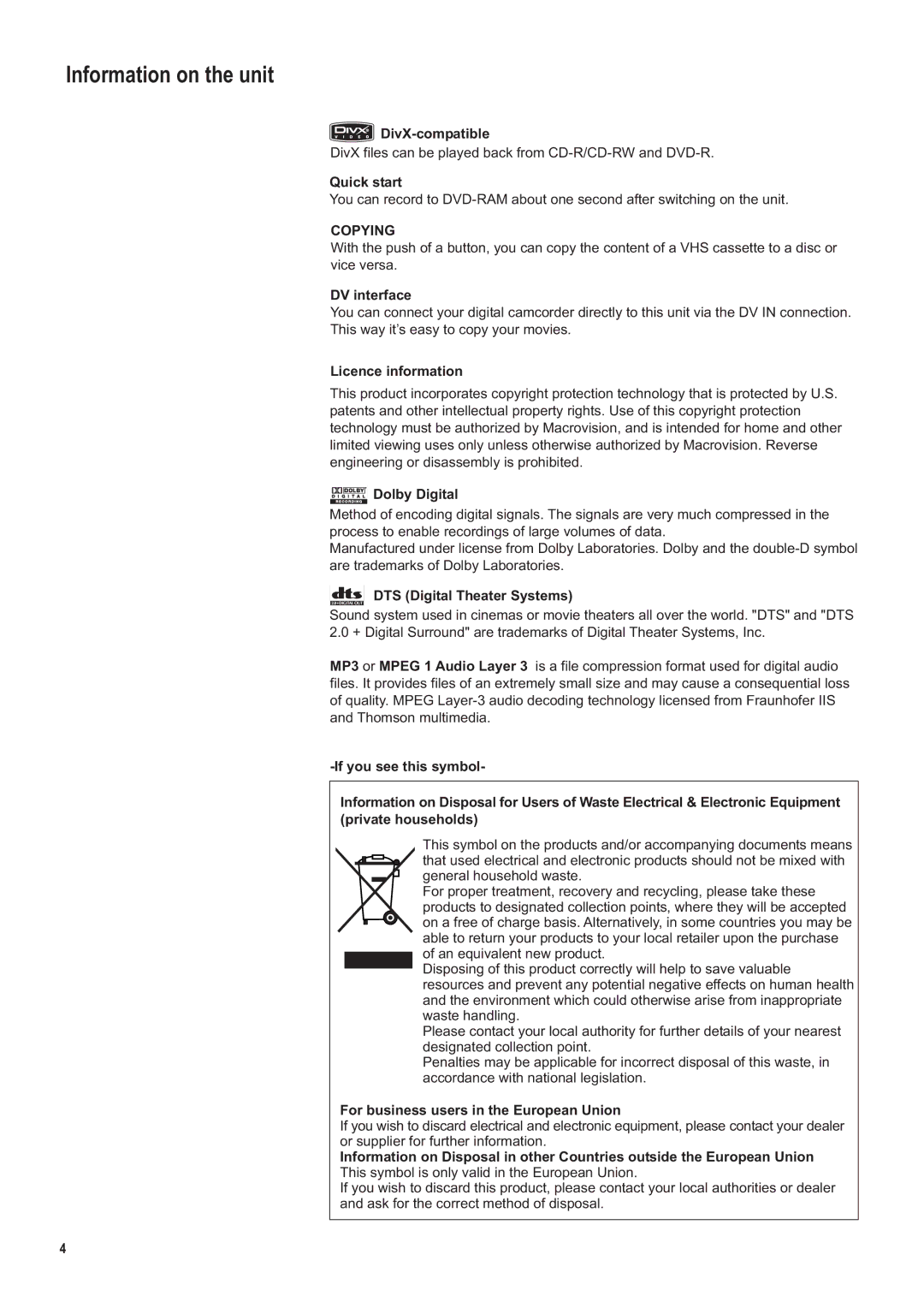 Panasonic DMR-ES35V manual Information on the unit 