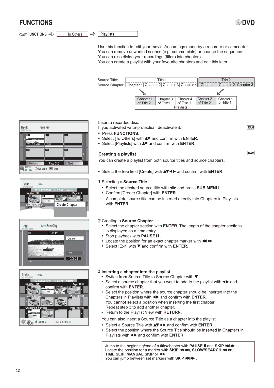 Panasonic DMR-ES35V manual Creating a playlist, To Others Playlists, Creating a Source Chapter 