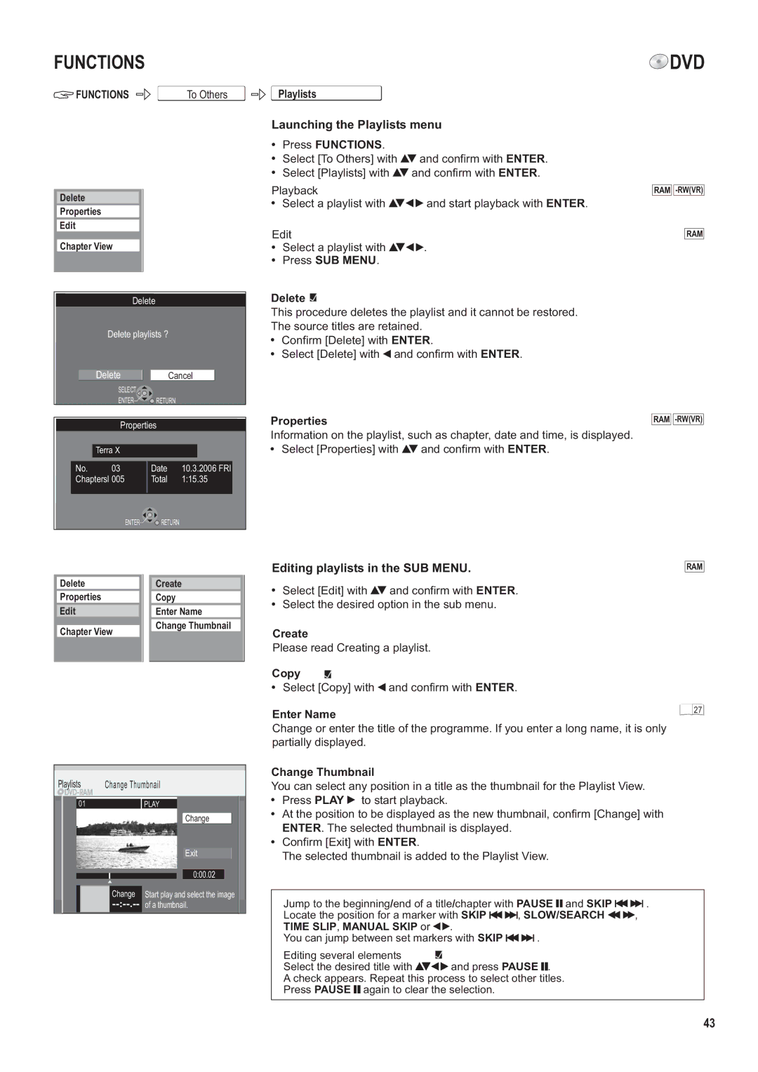 Panasonic DMR-ES35V manual Launching the Playlists menu, Editing playlists in the SUB Menu 