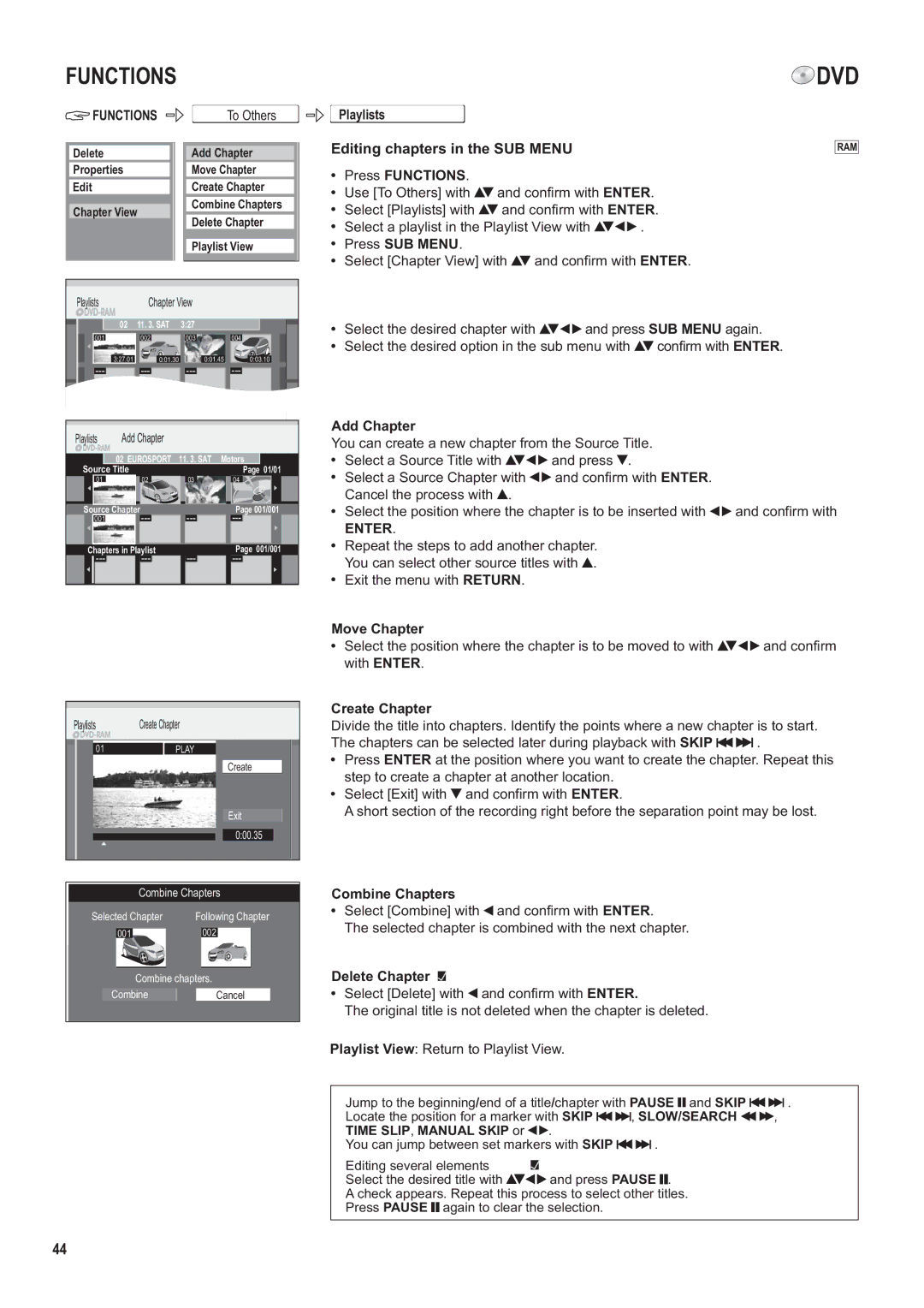 Panasonic DMR-ES35V manual Add Chapter, Enter, Move Chapter, Playlist View, Playlists Chapter View 