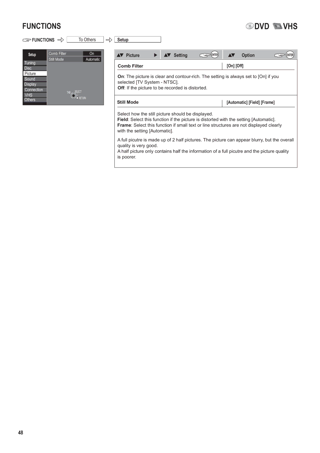 Panasonic DMR-ES35V manual Setup Picture Setting, Comb Filter On Off, Still Mode Automatic Field Frame 