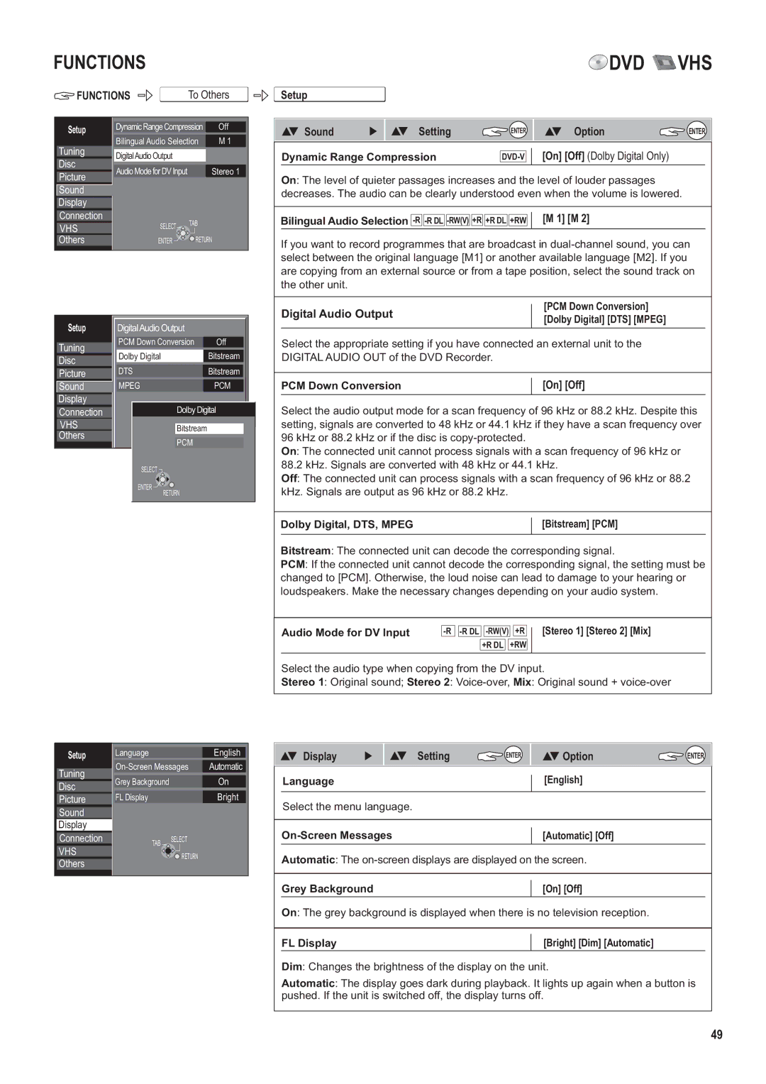 Panasonic DMR-ES35V manual Setup Sound Setting, DVD-VOn Off Dolby Digital Only, Digital Audio Output, Display Setting 