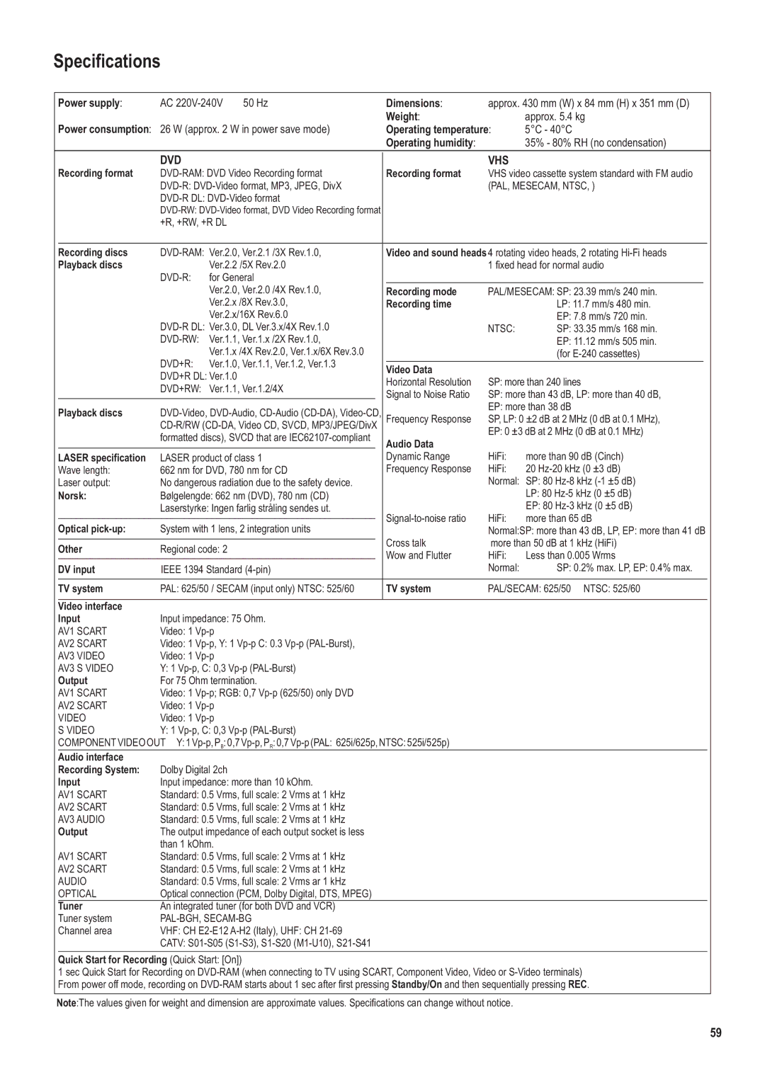 Panasonic DMR-ES35V manual Specifications 