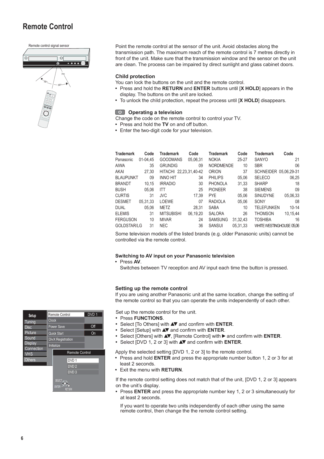 Panasonic DMR-ES35V manual Remote Control, Child protection, Operating a television, Setting up the remote control 