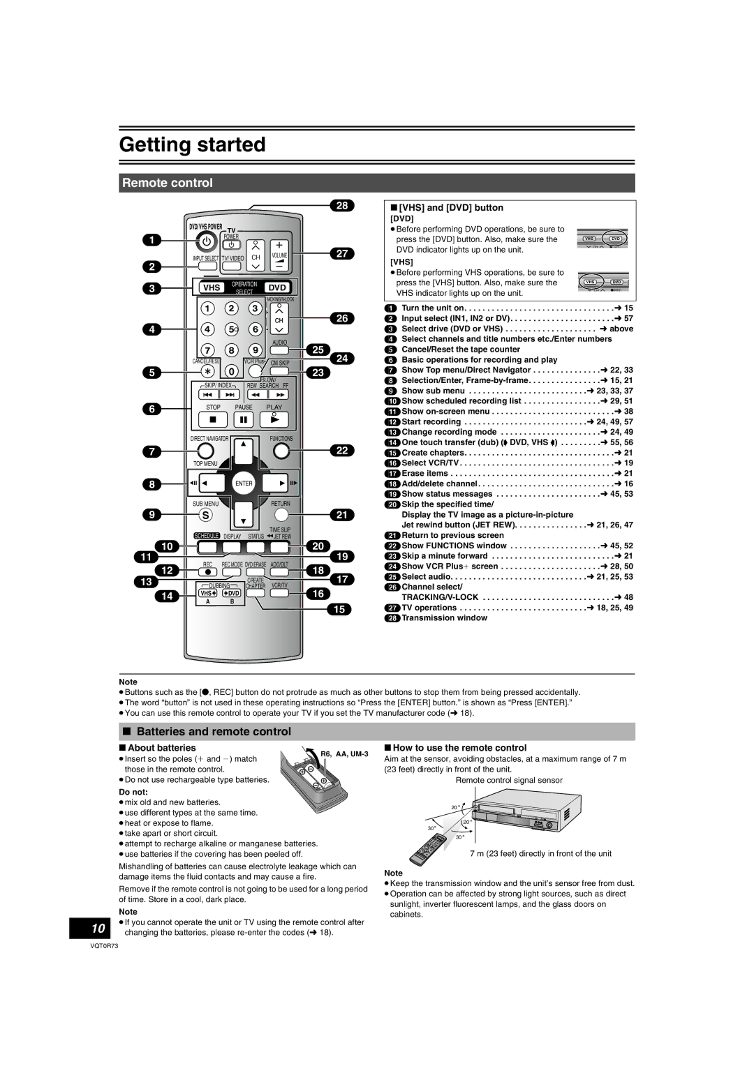 Panasonic DMR-ES40V Remote control, Batteries and remote control, VHS and DVD button, About batteries 