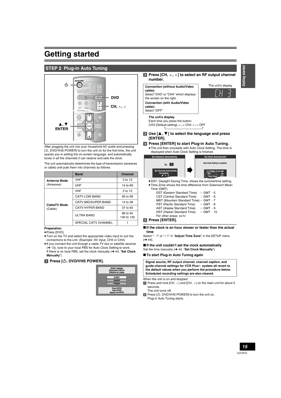 Panasonic DMR-ES40V Plug-in Auto Tuning, Press CH, W, X to select an RF output channel number, Press Í, DVD/VHS Power 