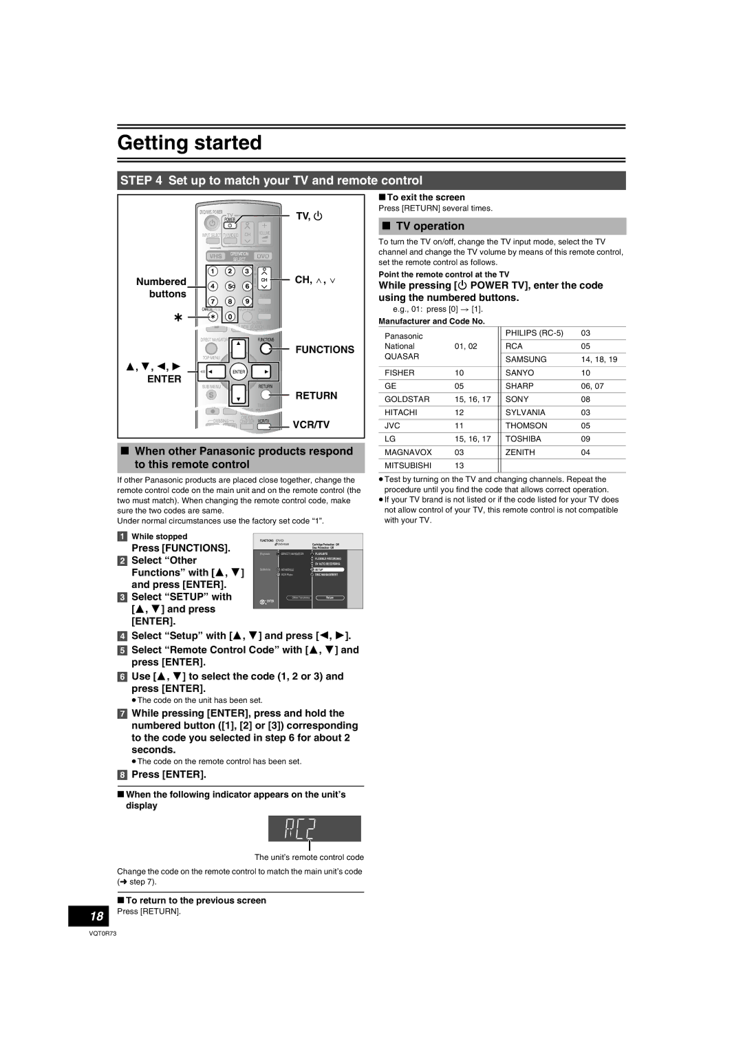 Panasonic DMR-ES40V operating instructions Set up to match your TV and remote control, TV operation, Numbered buttons 