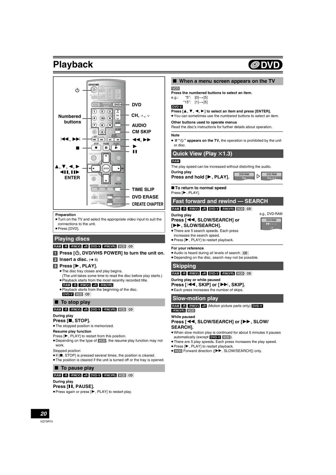 Panasonic DMR-ES40V Playing discs, Quick View Play t1.3, Fast forward and rewind Search, Skipping, Slow-motion play 