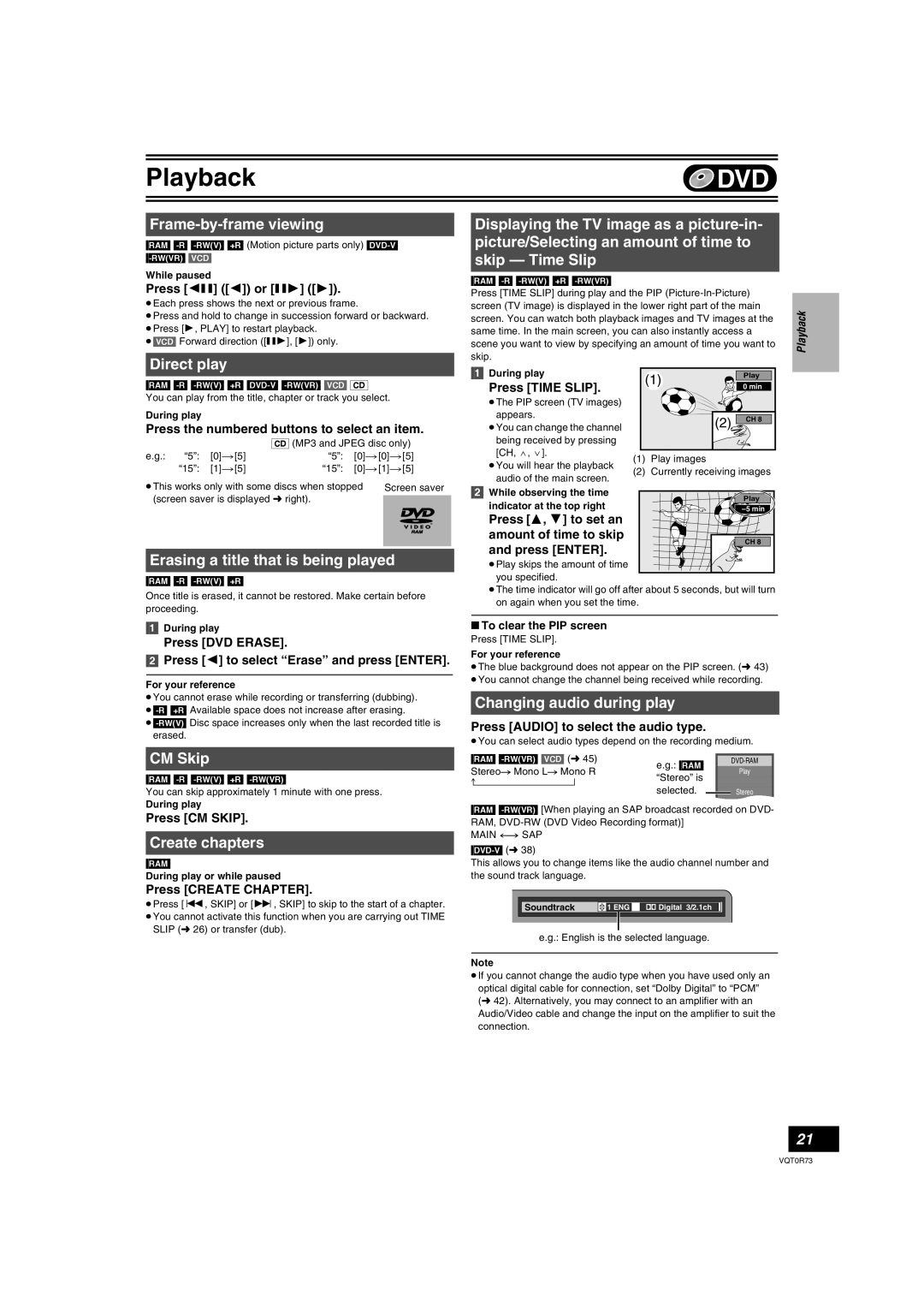 Panasonic DMR-ES40V Frame-by-frame viewing, Direct play, Erasing a title that is being played, CM Skip, Create chapters 