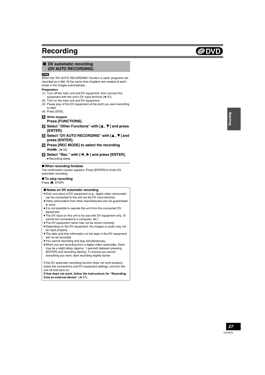 Panasonic DMR-ES40V operating instructions DV automatic recording, When recording finishes 