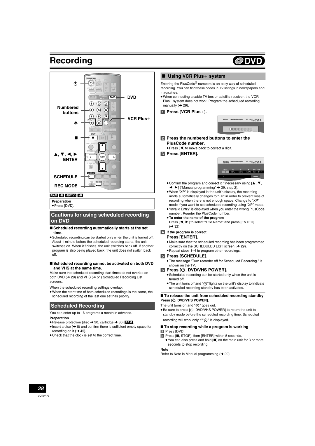 Panasonic DMR-ES40V operating instructions Scheduled Recording, Using VCR Plus system, Press VCR Plus, Press Schedule 