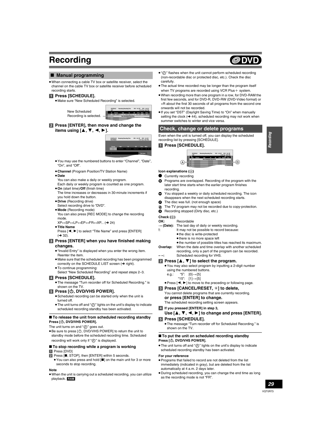 Panasonic DMR-ES40V operating instructions Check, change or delete programs, Manual programming 