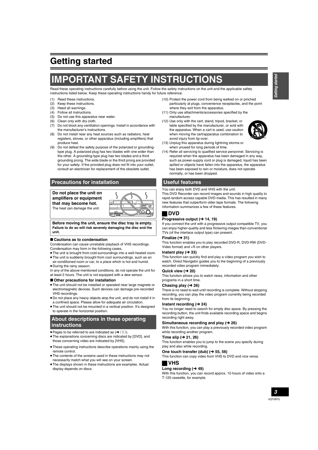 Panasonic DMR-ES40V Precautions for installation, About descriptions in these operating instructions, Useful features 