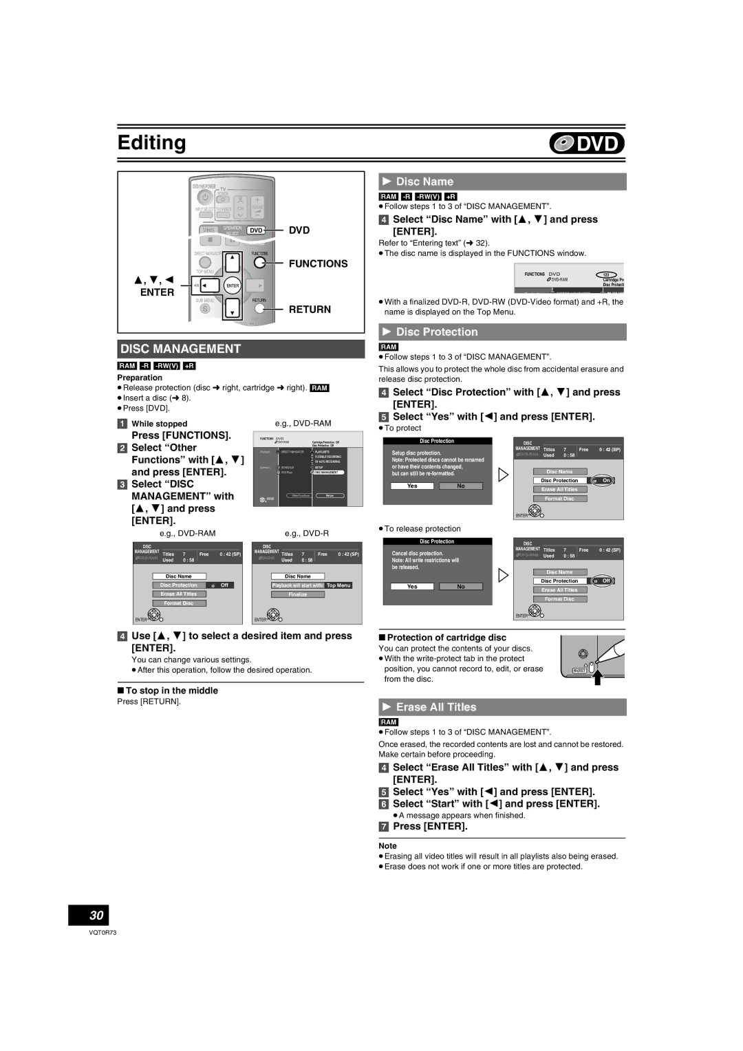 Panasonic DMR-ES40V operating instructions Disc Protection, Erase All Titles, Select Disc Name with 3, 4 and press 