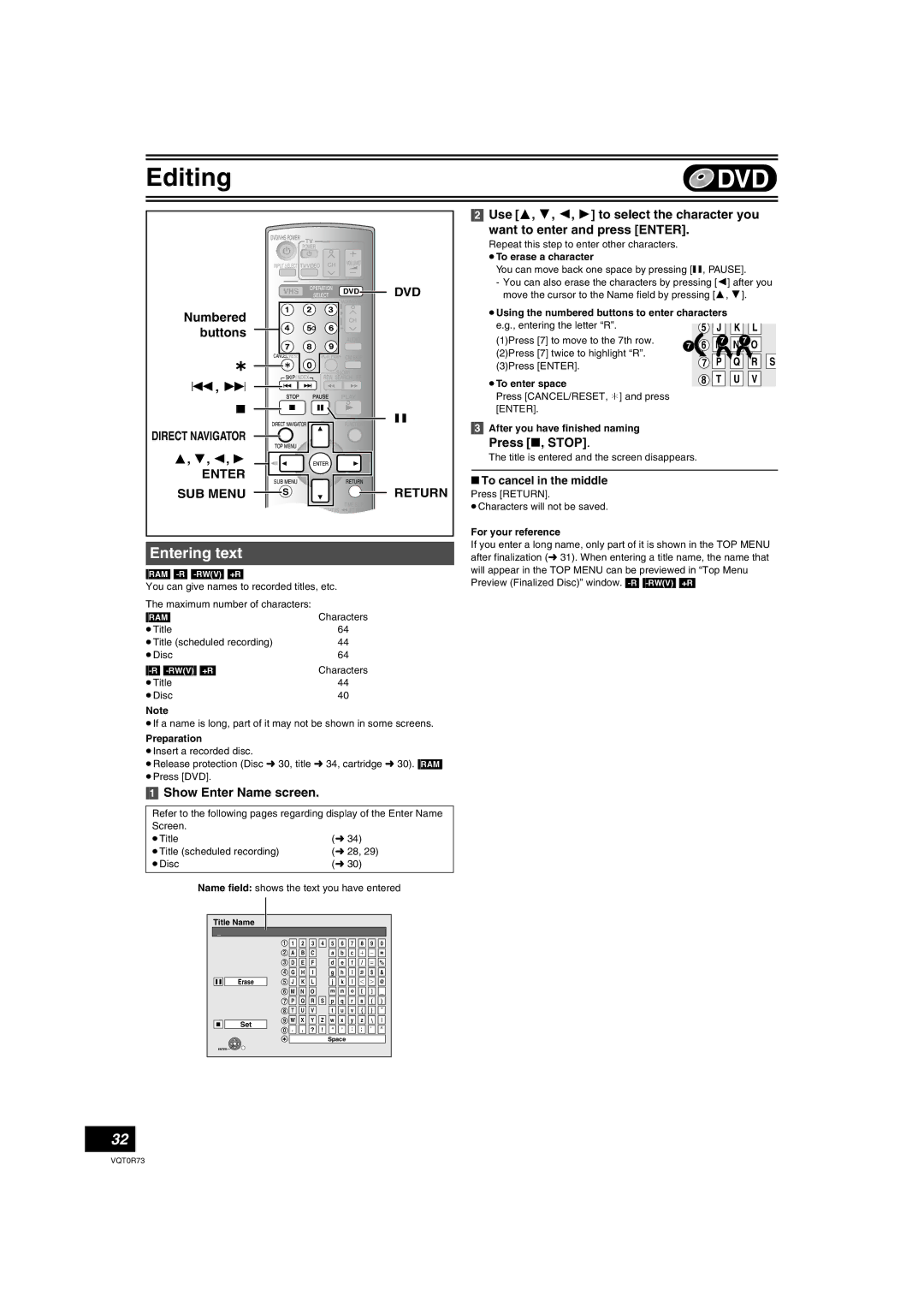 Panasonic DMR-ES40V operating instructions Entering text, Numbered, Show Enter Name screen, K L M7 N 7 O Q R S 8 T U 