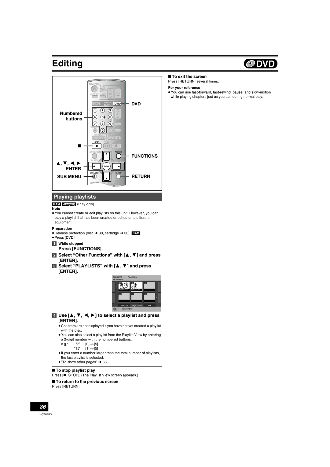 Panasonic DMR-ES40V Playing playlists, Use 3, 4, 2, 1 to select a playlist and press, Numbered buttons 