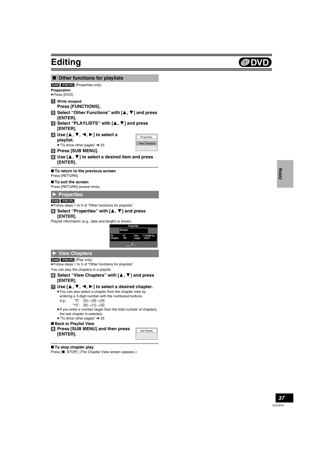 Panasonic DMR-ES40V operating instructions Other functions for playlists, Playlist, Select Properties with 3, 4 and press 