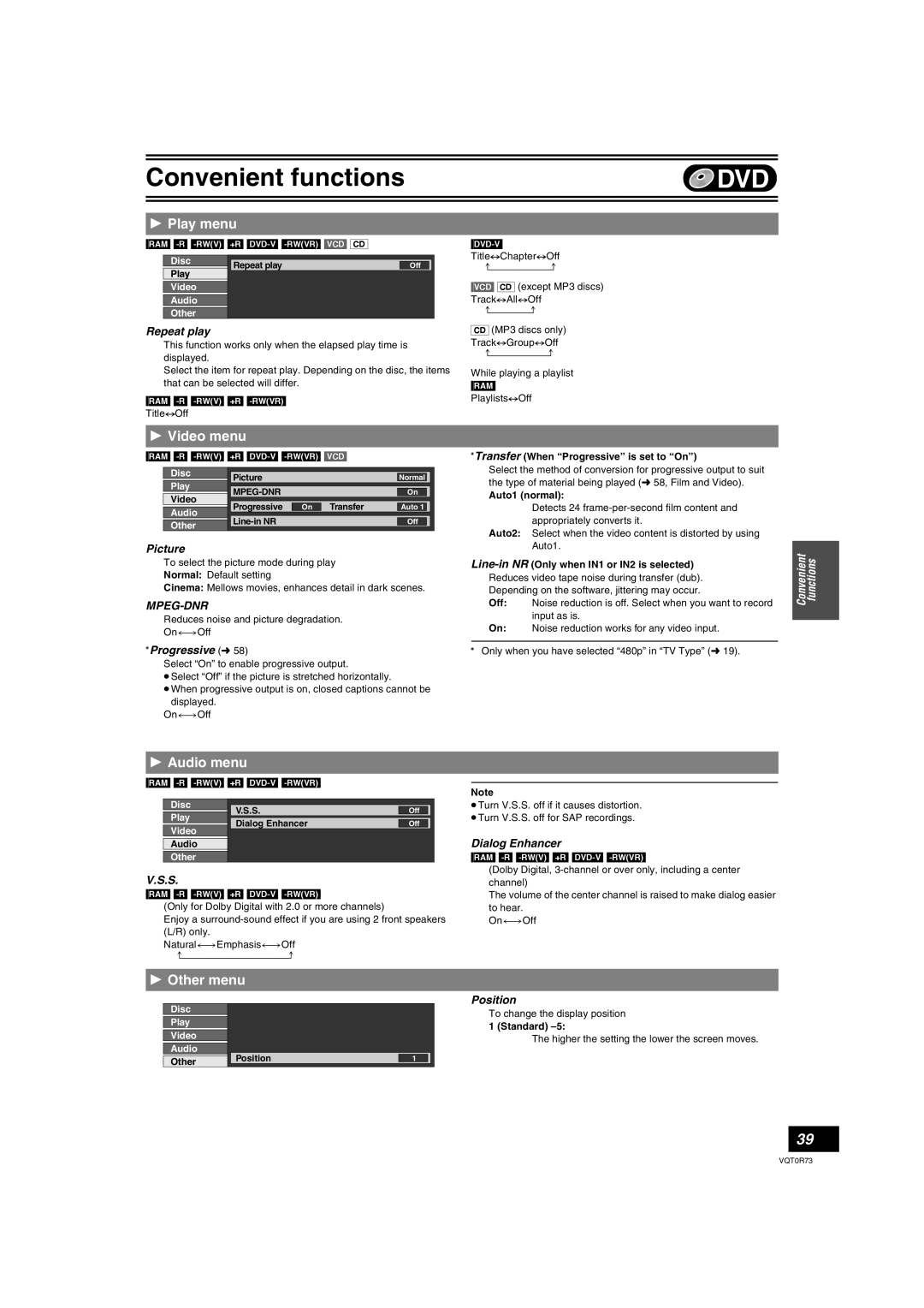 Panasonic DMR-ES40V operating instructions Play menu, Video menu, Audio menu, Other menu 