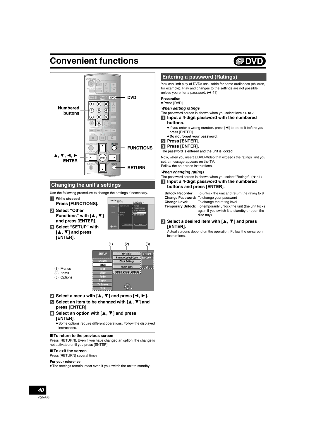 Panasonic DMR-ES40V Changing the unit’s settings, Entering a password Ratings, Select a desired item with 3, 4 and press 