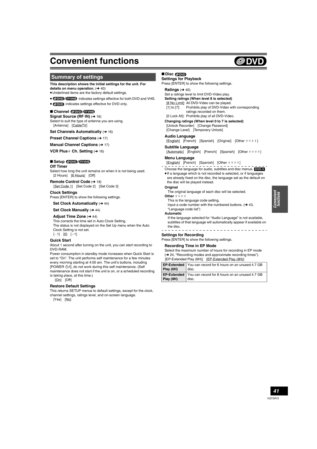 Panasonic DMR-ES40V operating instructions Summary of settings 