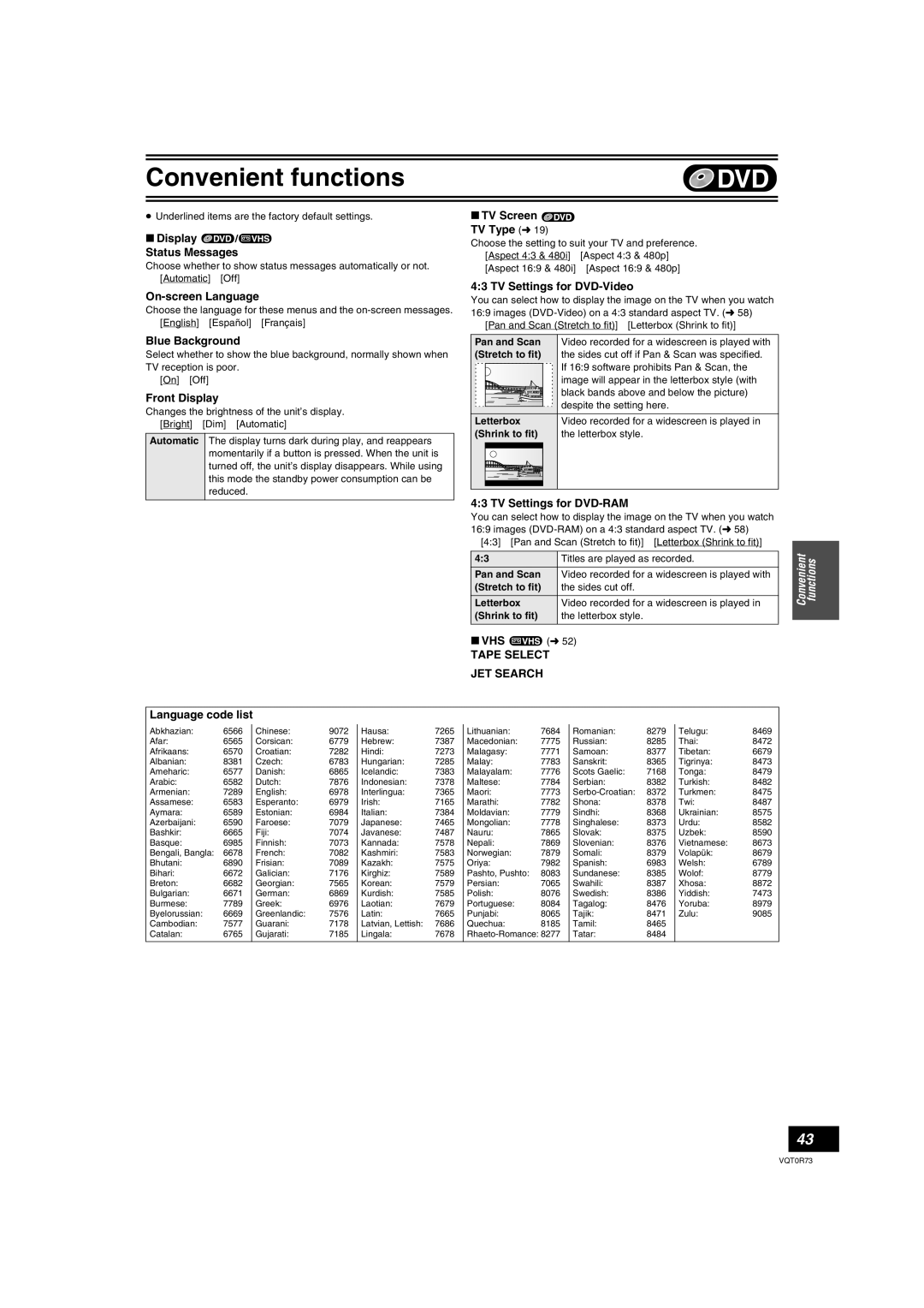 Panasonic DMR-ES40V Display / Status Messages, On-screen Language, Blue Background, Front Display, TV Screen TV Type l 