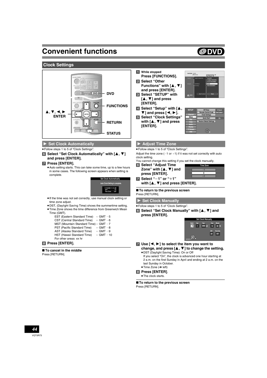 Panasonic DMR-ES40V operating instructions Clock Settings, Set Clock Automatically, Adjust Time Zone, Set Clock Manually 