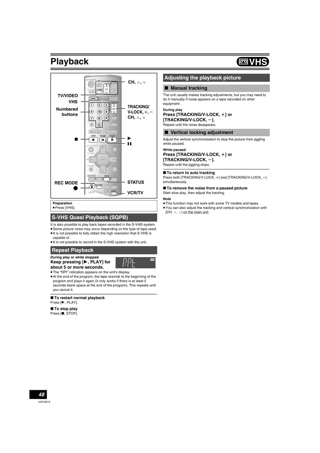 Panasonic DMR-ES40V Adjusting the playback picture, VHS Quasi Playback Sqpb, Repeat Playback, Manual tracking 