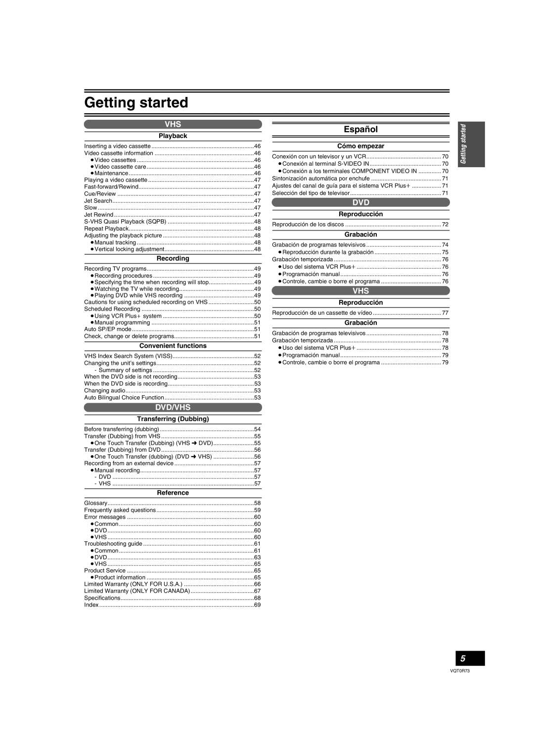 Panasonic DMR-ES40V operating instructions Español, Transferring Dubbing, Cómo empezar, Reproducción, Grabación 