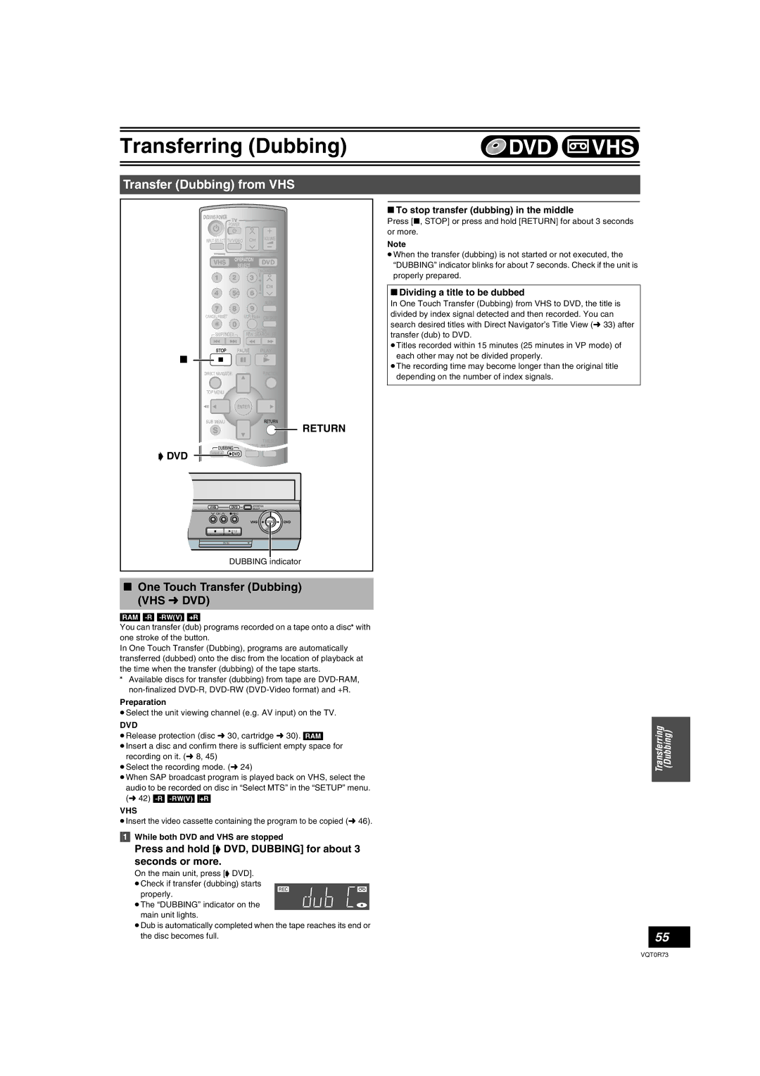 Panasonic DMR-ES40V Transfer Dubbing from VHS, One Touch Transfer Dubbing VHS l DVD, Dividing a title to be dubbed 