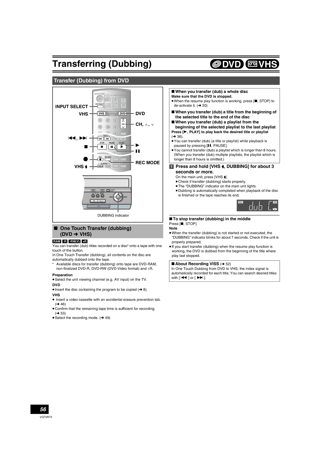 Panasonic DMR-ES40V operating instructions Transfer Dubbing from DVD, One Touch Transfer dubbing DVD l VHS, Vhs 