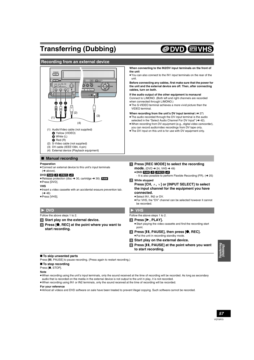 Panasonic DMR-ES40V Recording from an external device, Manual recording, Press REC Mode to select the recording 