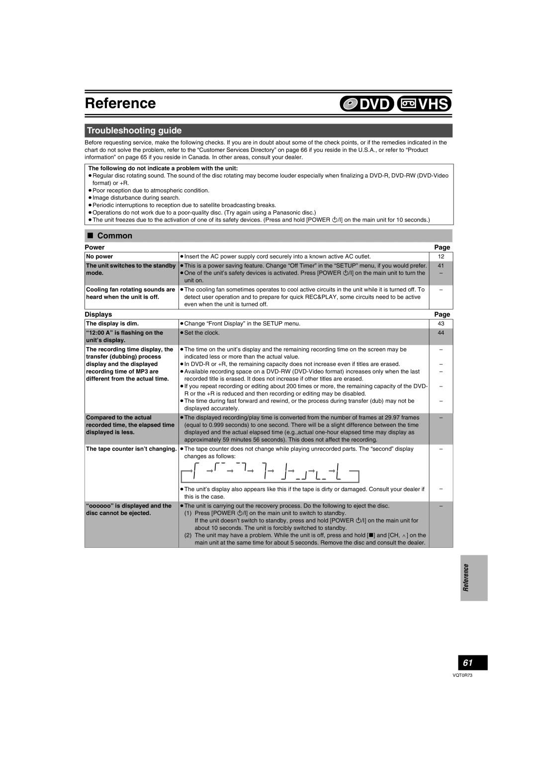 Panasonic DMR-ES40V operating instructions Troubleshooting guide, Power, Displays 