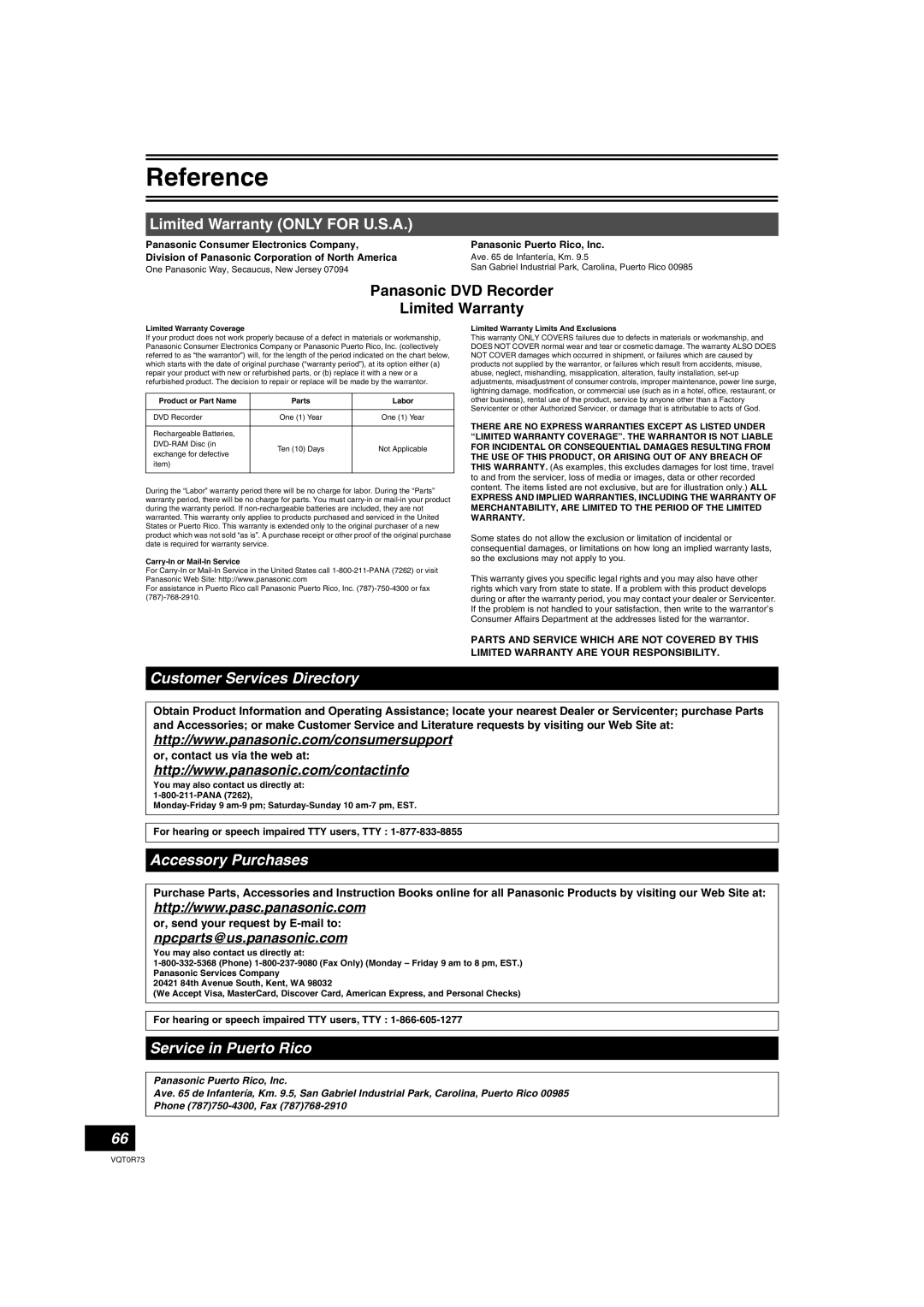 Panasonic DMR-ES40V operating instructions Limited Warranty only for U.S.A, For hearing or speech impaired TTY users, TTY 