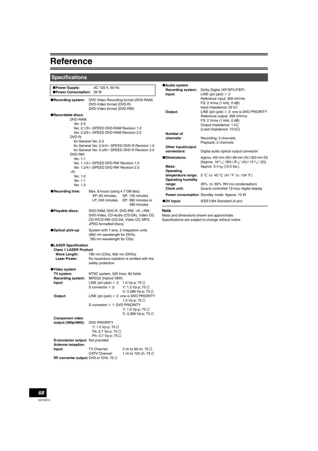 Panasonic DMR-ES40V operating instructions Specifications 