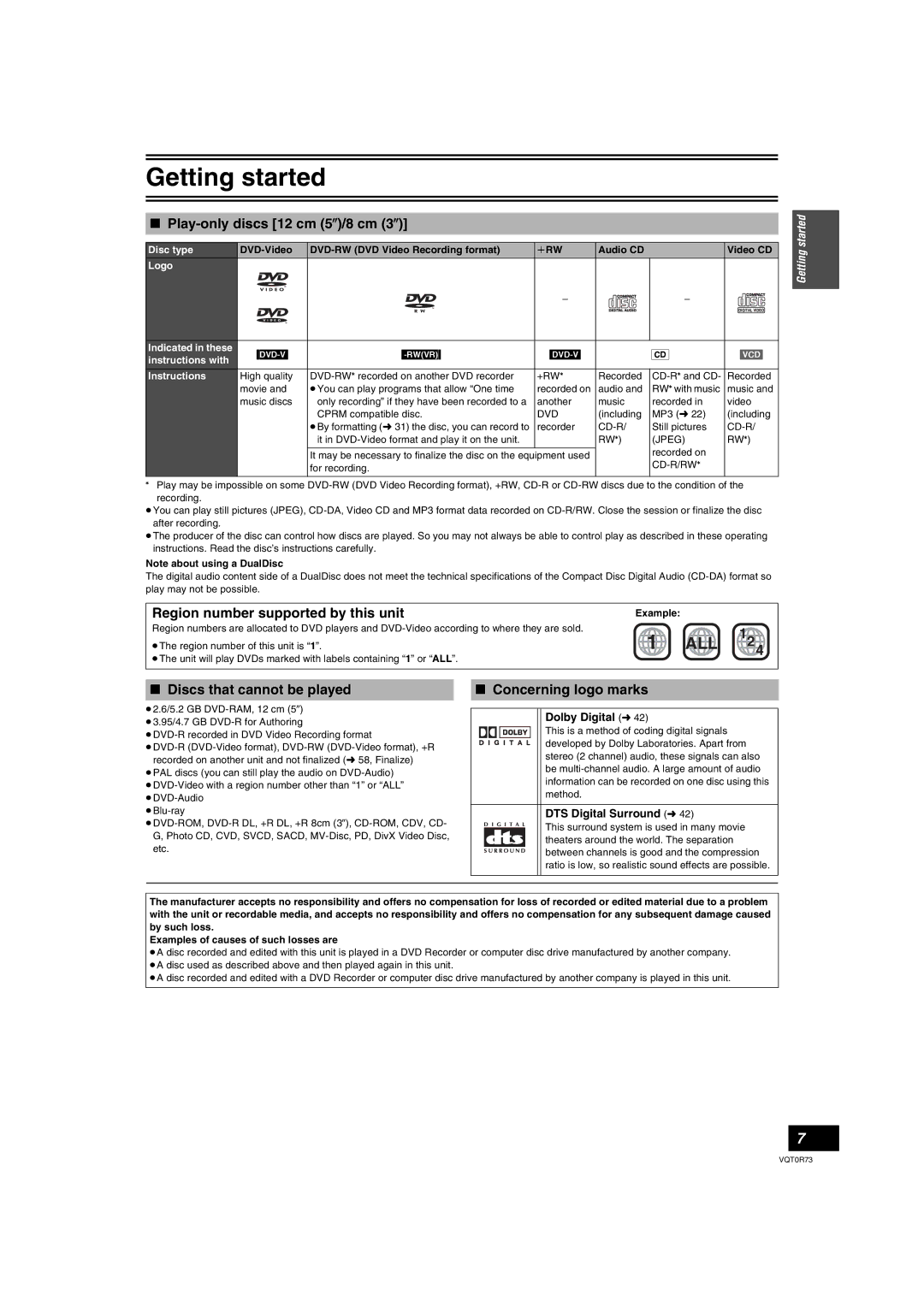 Panasonic DMR-ES40V Play-only discs 12 cm 5z/8 cm 3z, Region number supported by this unit, Discs that cannot be played 