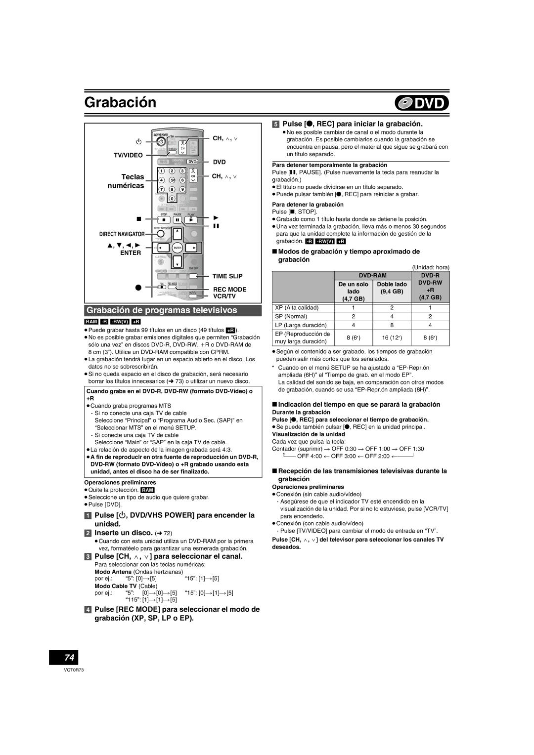 Panasonic DMR-ES40V operating instructions Grabación de programas televisivos, Pulse ¥, REC para iniciar la grabación 