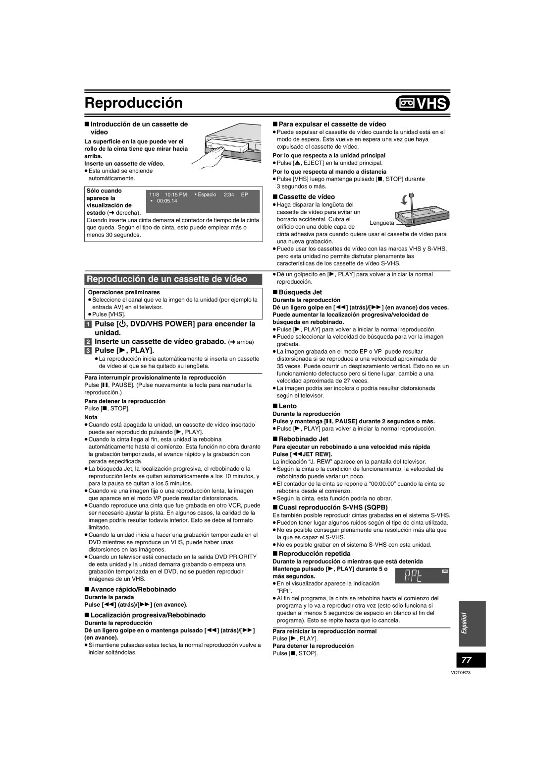 Panasonic DMR-ES40V operating instructions Reproducción de un cassette de vídeo 