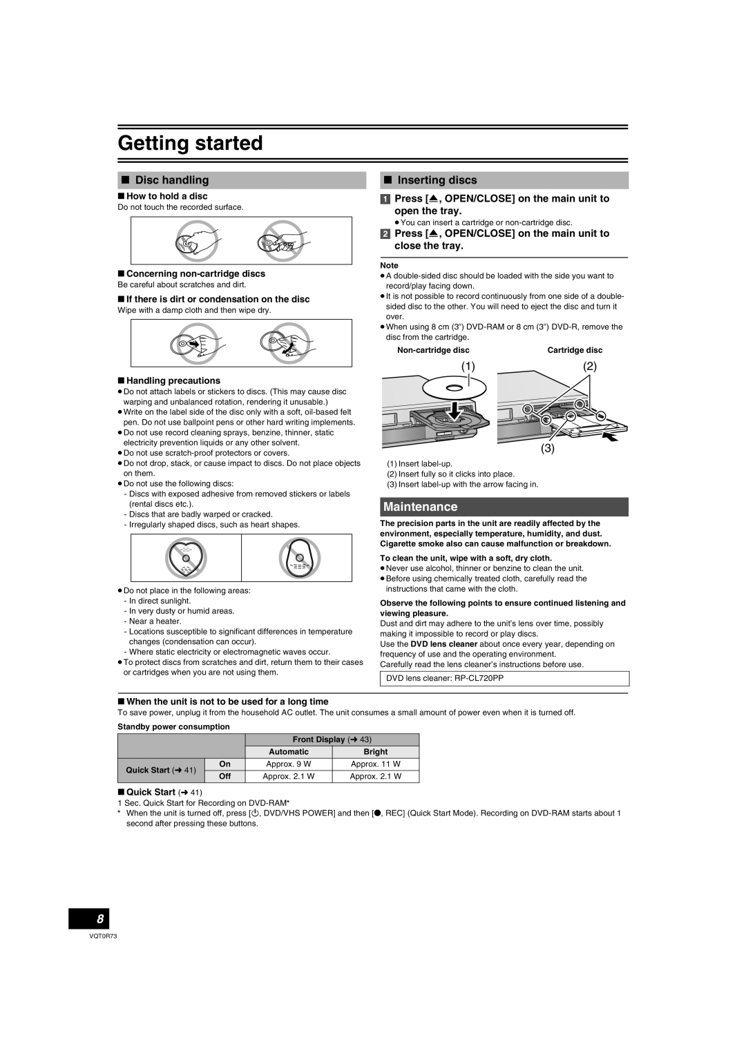 Panasonic DMR-ES40V Maintenance, Disc handling, Inserting discs, Press , OPEN/CLOSE on the main unit to Open the tray 