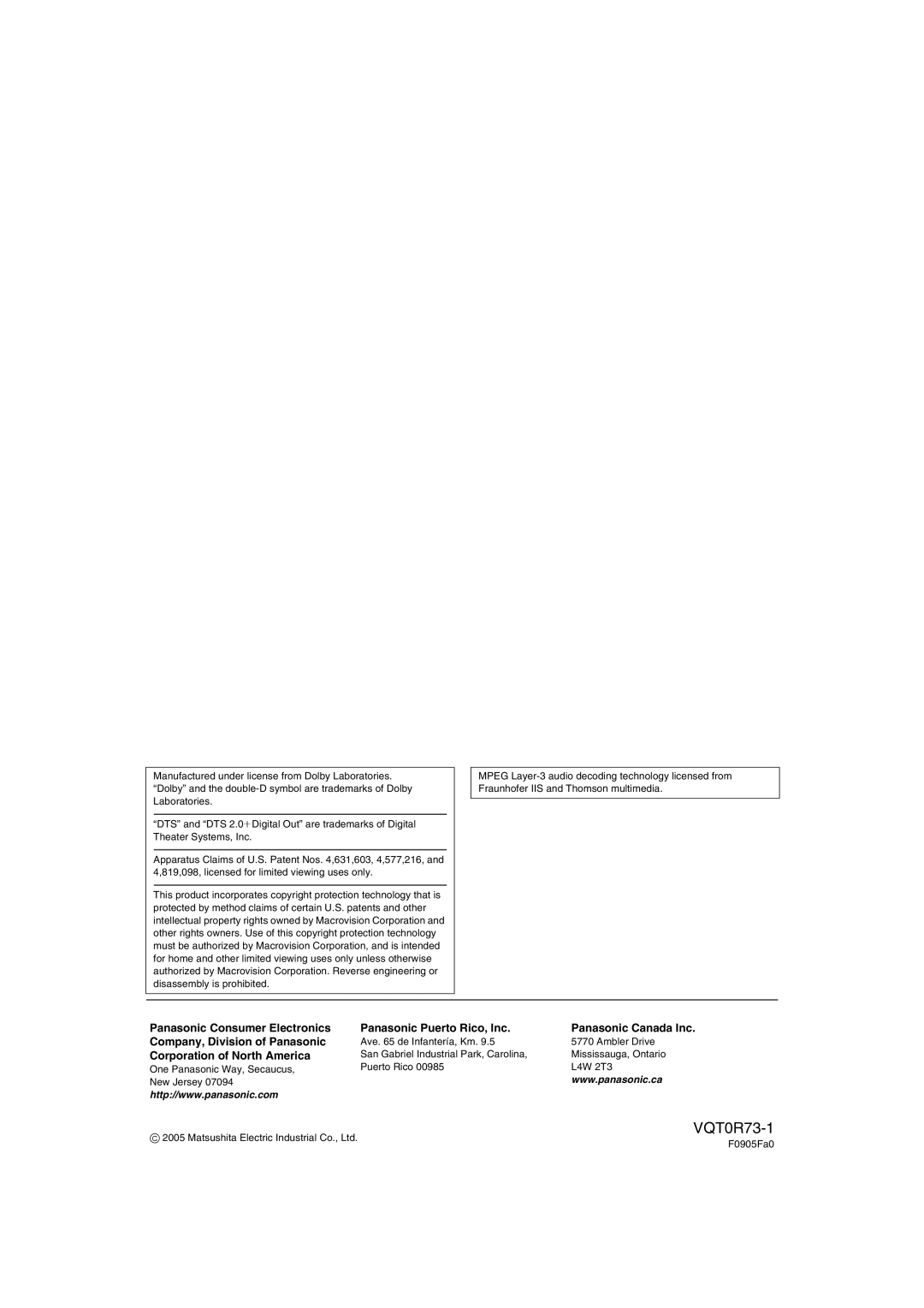 Panasonic DMR-ES40V operating instructions Corporation of North America, Ave de Infantería, Km Ambler Drive, F0905Fa0 