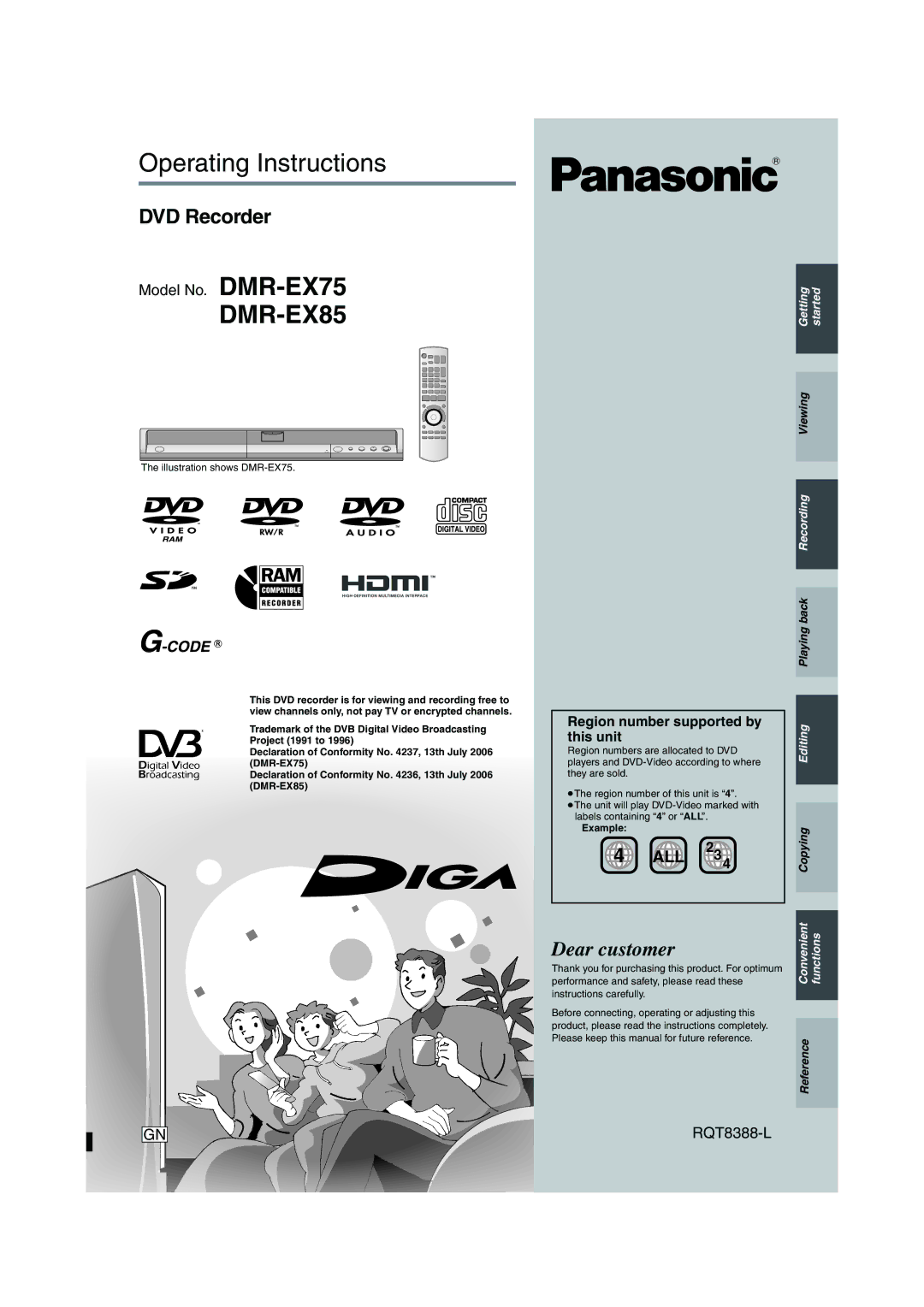 Panasonic DMR-EX75, DMR-EX85 manual Model No. DMR-EX75, RQT8388-L, Illustration shows DMR-EX75, Example 