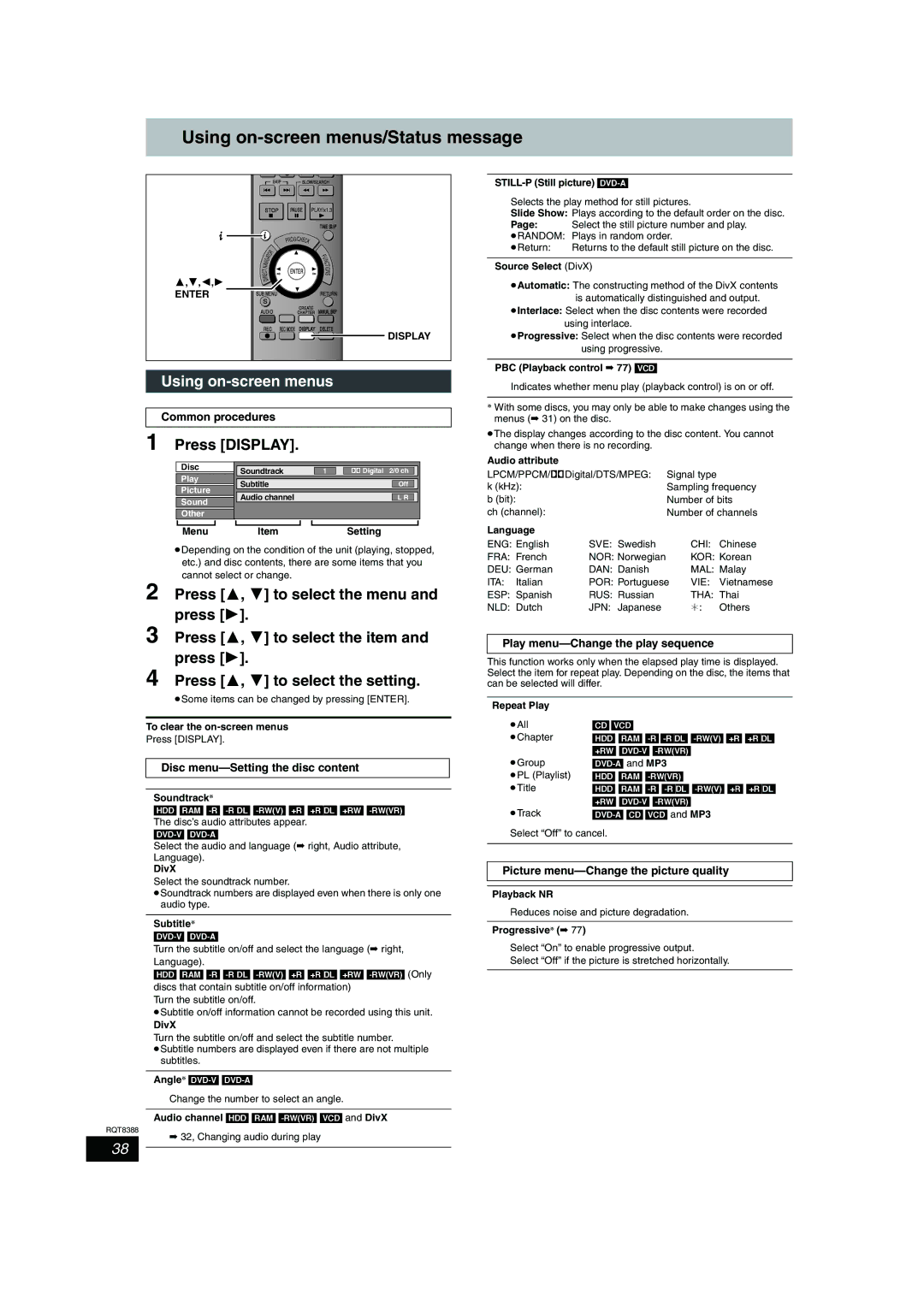 Panasonic DMR-EX75, DMR-EX85 manual Using on-screen menus/Status message, Press Display 